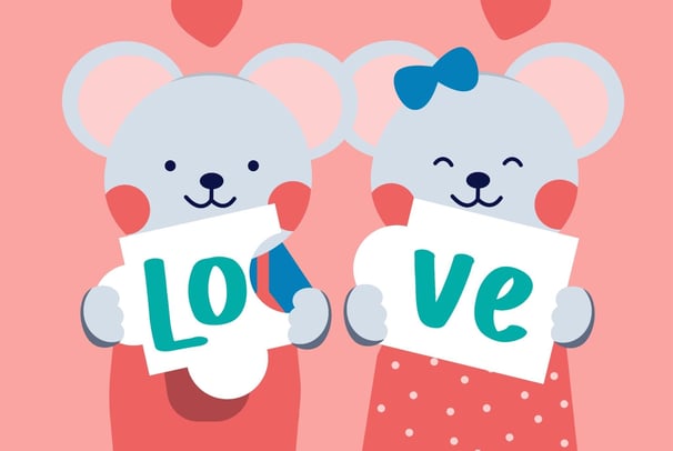 two bears holding up signs with hearts love