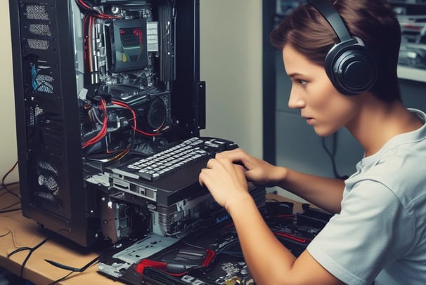 a man in headphones and headphones is working on a computer