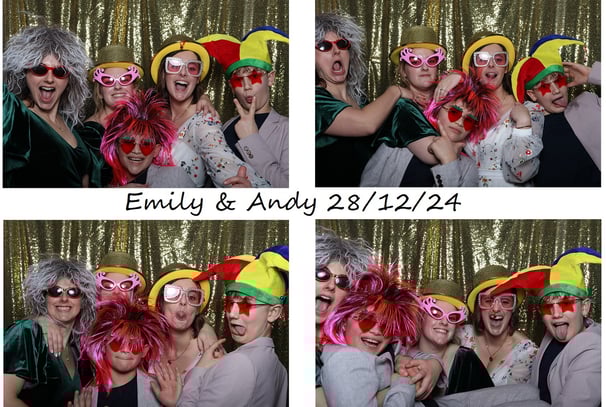 A postcard printout of a bride and her family and a bridesmaid posing for the get to picture photo booth at a wedding with a 