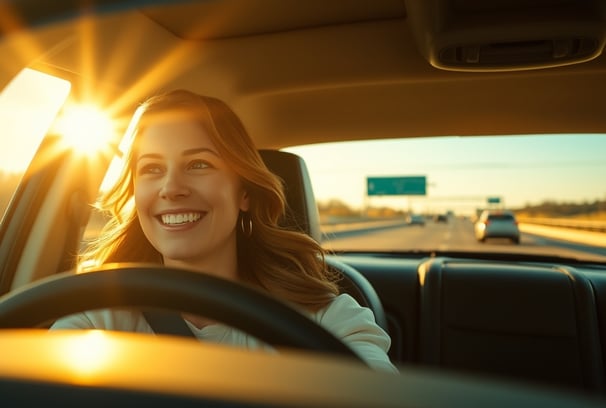 Mulher jovem, sorrindo, dirigindo, com o sol por detrás