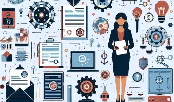 Illustration of a female professional surrounded by patent-related icons