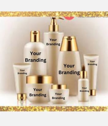 a group of cosmetic products with a gold frame