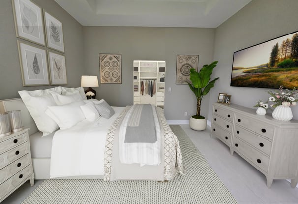 Digitally stage view of master bedroom and walking in closet