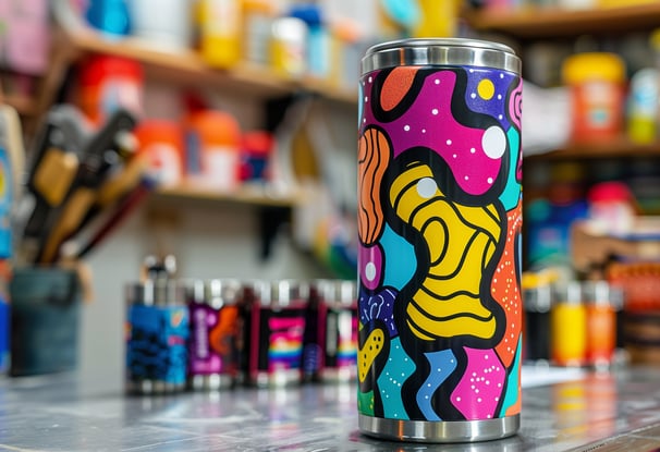 Tumbler with vinyl stickers, properly sealed, in an organized space.