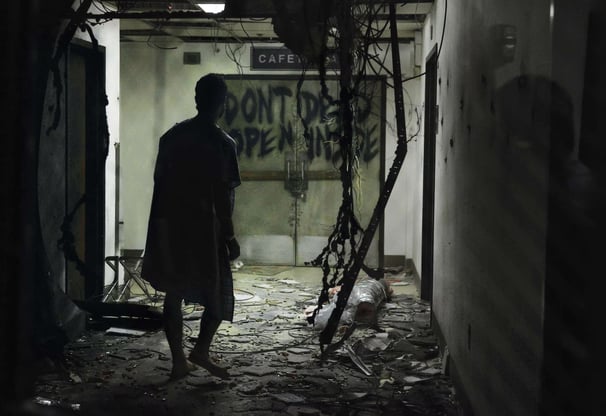 Andrew Lincoln as Rick leaving an abandoned hospital in season one of The Walking Dead.