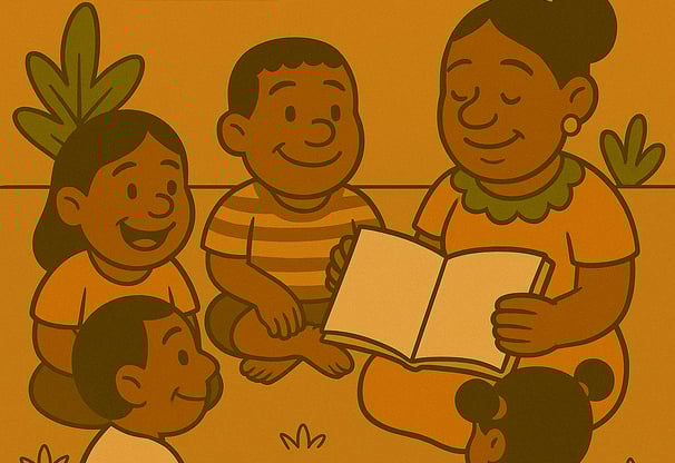 Ilustração de mulher lendo livro para um grupo de cinco crianças sentadas ao seu redor