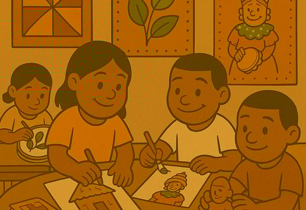 Crianças desenham em sala decorada com símbolos quilombolas e imagens culturais