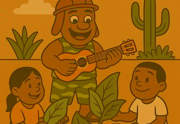 Crianças e homem com chapéu aprendem sobre plantas enquanto tocam violão ao ar livre