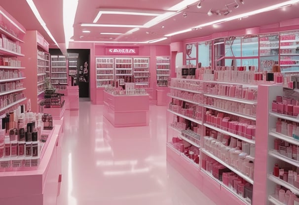 A woman is standing in front of a cosmetics display in a store, selecting a product. The shelves are filled with various foundation compacts, powders, and other beauty products. Advertisements and promotional images featuring models are visible on the surrounding walls.