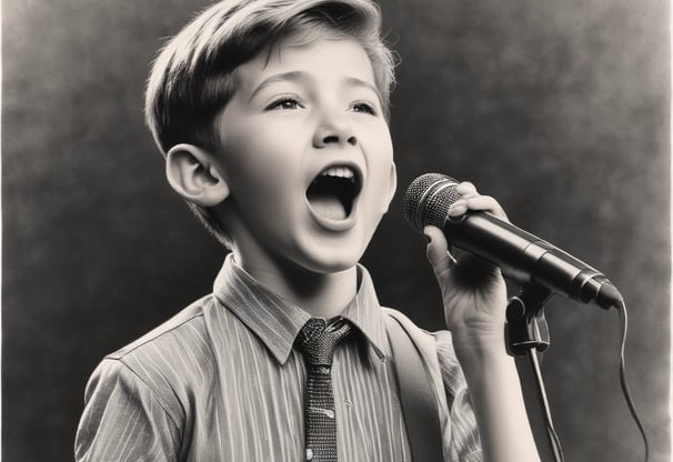 A person passionately singing into a microphone, surrounded by dynamic light trails creating a sense of movement. The individual is wearing a white shirt with an earplug and has a tattoo on the arm. The background is filled with warm, blurred lights.