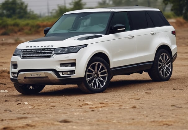 a white range rover parked in a dirt road