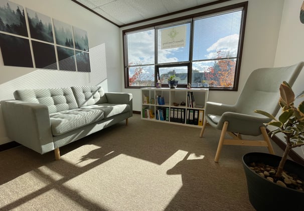 The practice with a green couch and chair next to a big window with sun shining in