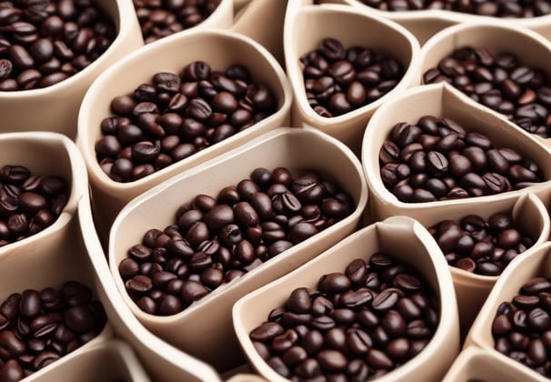 A close-up view of roasted coffee beans in a metal container. The beans are a mix of various shades of brown, indicating different roasting levels. The container has a scratched and worn appearance, with a gradient in color intensity from center to edge. There is a slight amount of smoke or steam visible, suggesting that the beans are freshly roasted.