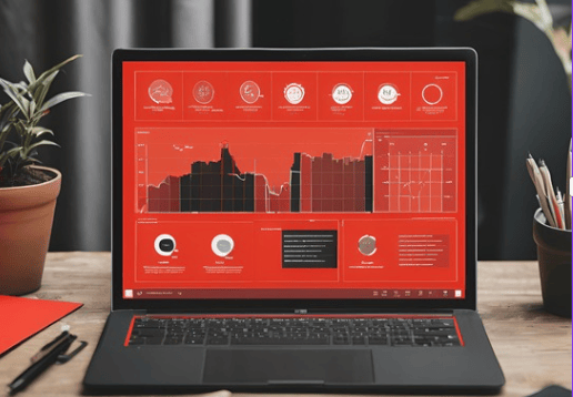 a laptop computer ACE.up!  AI ERP with a red screen and a laptop on a desk