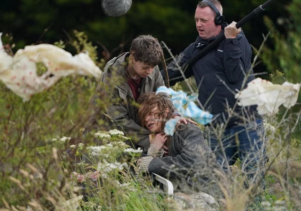 Jodie Comer and Alfie Williams shooting a scene for 28 Years Later.