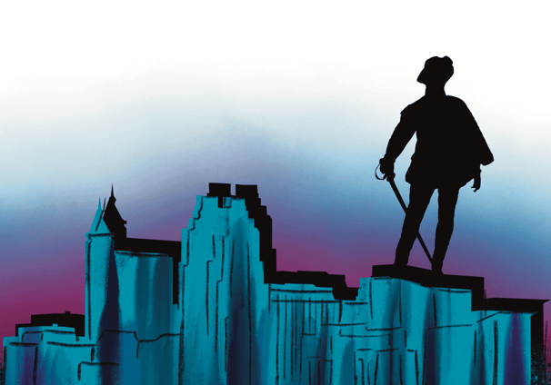 vibrant illustration featuring Sir Walter Raleigh standing atop Raleigh city skyline.