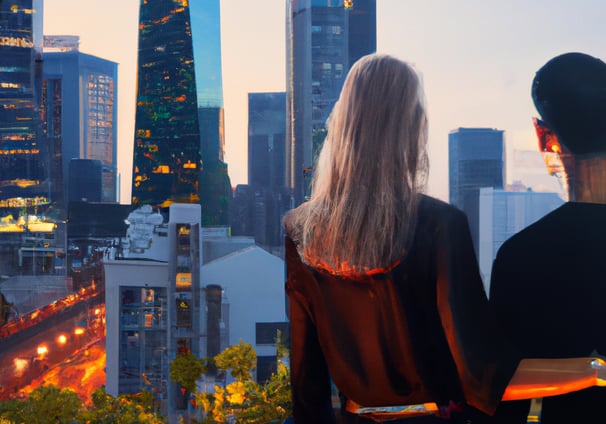 Couple overlooking a futuristic city