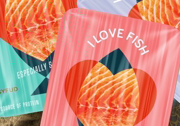 salmon packaging design, bright colors, simplistic design