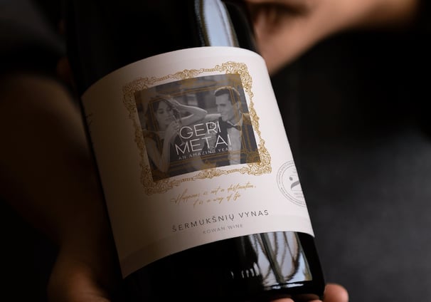 Rowan wine label design, dark bottle and clear label