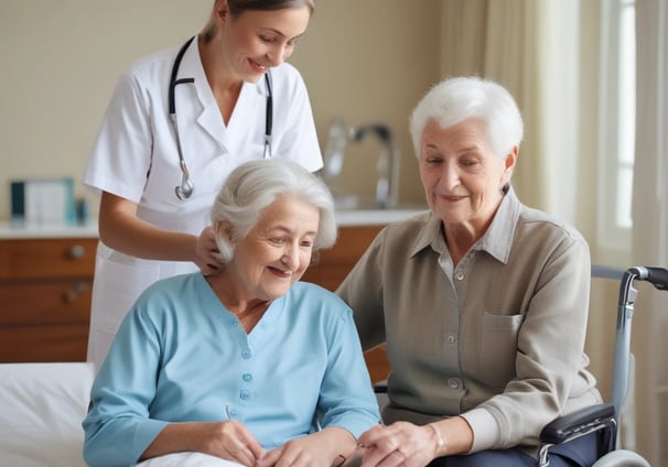 An elderly couple stands together, the woman seated in a wheelchair holding a blue folder with a gold logo. The man stands beside her, wearing a dark blue shirt with a patterned design. A decorative wall with a branching pattern and birds is in the background.