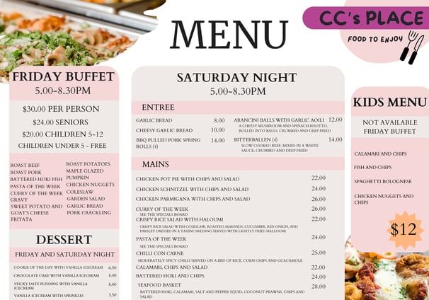 CC's Place Friday and Saturday Dinner Menu