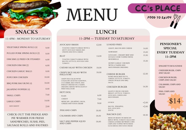 CC's Place Lunch Menu