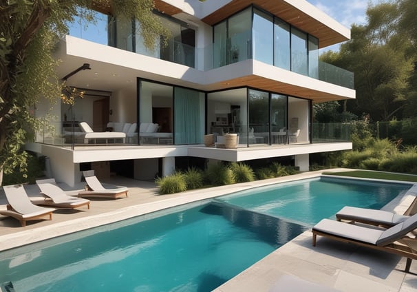 People are working on the interior renovation of a room that appears to be under construction. A worker on a scaffold is painting the ceiling, while others are seated or discussing the progress. The room has smooth, gray walls with arched recesses and a modern design vibe. There are tools and materials scattered around, including a ladder, paint cans, and some rocks or construction debris on the floor. Overhead, stylish pendant lights provide illumination as natural light streams in from windows.