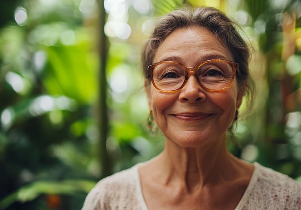 Mujer mayor sonriendo con lentes, aretes largos y un fondo tropical 