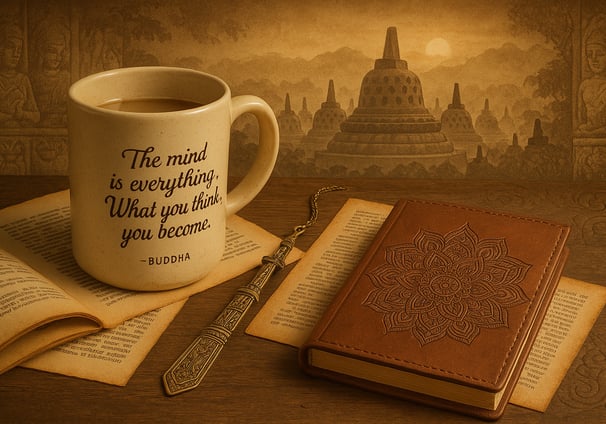Ceramic mug with Buddha quote, brass bookmark shaped like stupa
