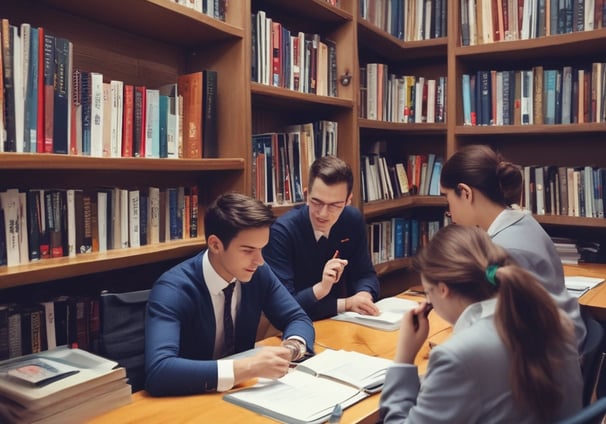 A large multi-story academic building labeled 'Academic Block - 7' stands prominently. The structure is surrounded by lush greenery and well-maintained gardens. There are several yellow buses parked in front of the building, along with pathways and a few people scattered around the campus grounds.