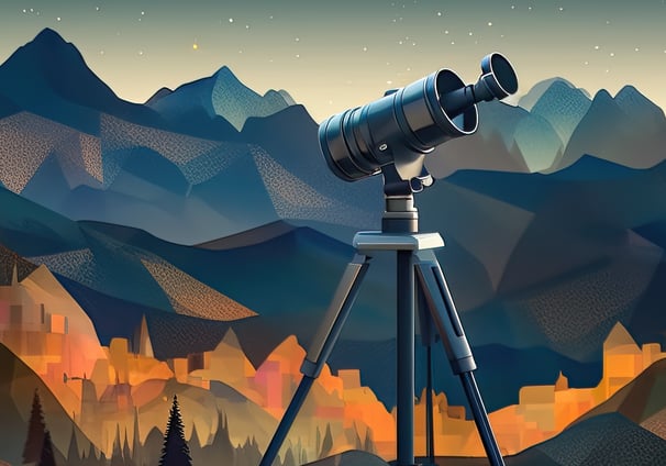 Image of illustrated telescope on a tripod in the mountains