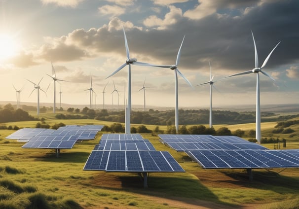 A landscape featuring a large solar panel array in the foreground, with a modern wind turbine to the left. Behind the renewable energy installations, an industrial facility with multiple chimneys and storage tanks is visible under a clear blue sky.