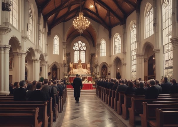 trauerfeier in der kirche mit dem pfarrer und den trauergästen