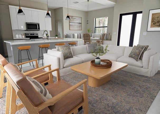 Digitally staged view of living room and kitchen with sofa, dual color kitchen cabinets, calacata 