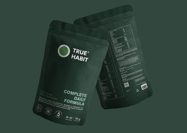 front and back of a supplement bag, green color named Truehabit