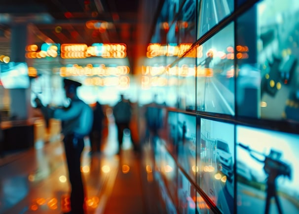 Blurred image of a security officer standing in front of a wall of brightly lit security monitors.