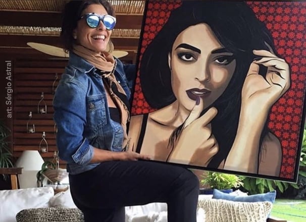 Uma pintura vibrante no estilo Pop-Art de um retrato, com cores intensas e contornos marcantes.