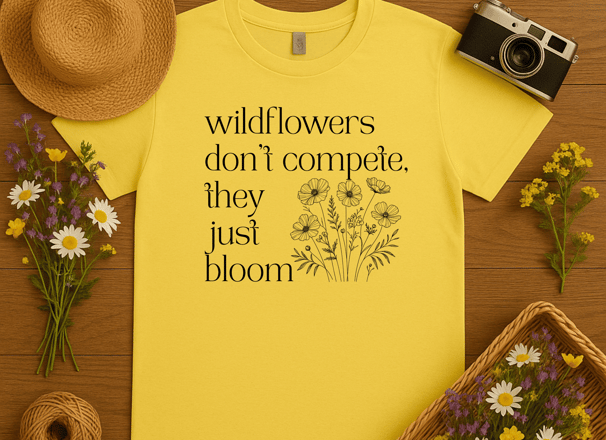 yellow t-shirt mockup. The background is a wooden floor with a hat, camera, and wildflower accents.