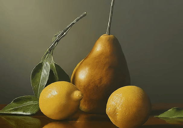 a pear tree with lemons and leaves on a table