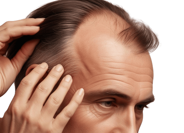 Un señor mostrando las partes donde se le ha caído el cabello
