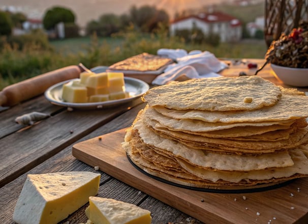 a stack of pane carasau on a wooden table