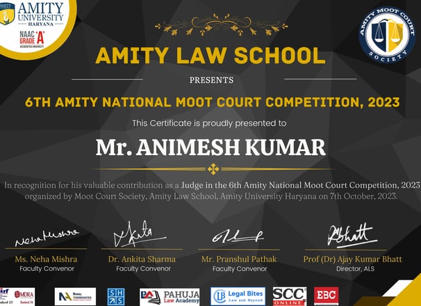 Certificate for valuable contribution as Judge in 6th Amity National Moot Court Competition, 2023