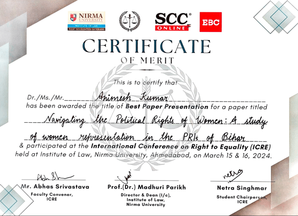 Certificate of merit for Best Paper Presentation at International Conference on Right to Equality