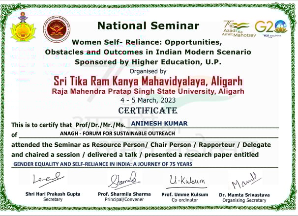 Certificate for paper presentation on Gender Equality and Self-reliance in India