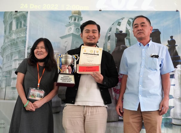 Indonesia GM Novendra Priasmoro winning Penang Chess Festival 2022. Penang Open 2022 Champion