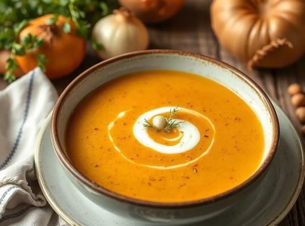 Un grand bol de soupe au potimarron posé sur une table en bois.