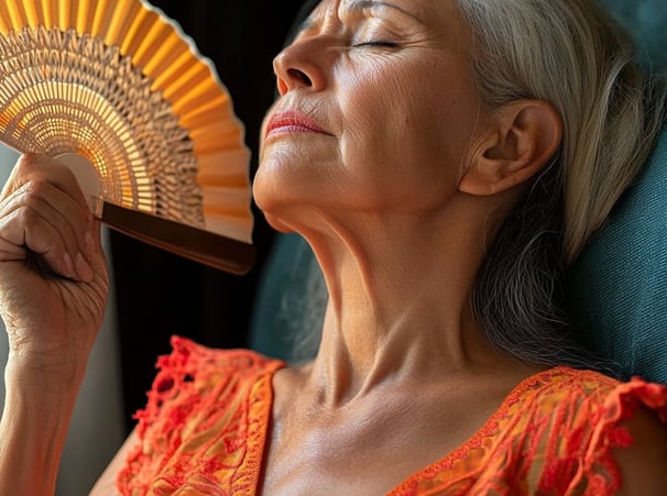 Mujer mayor dándose aire con un abanico 