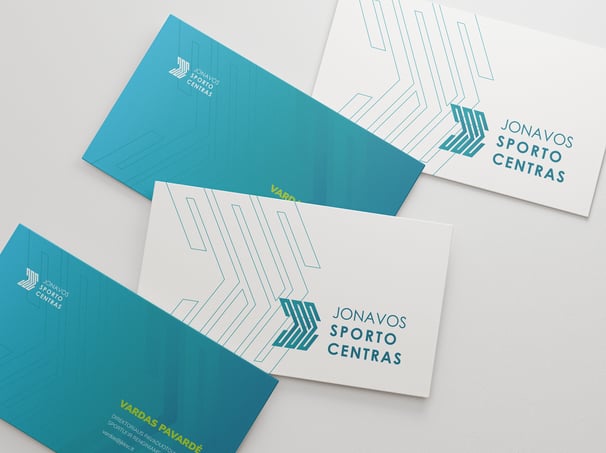 Jonavos sporto centro logotipas ir vizualinis identitetas vizitinių kortelių pavyzdžiai