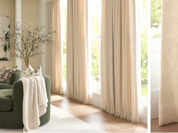 natural light room, cream linen tan curtains, neutral living room