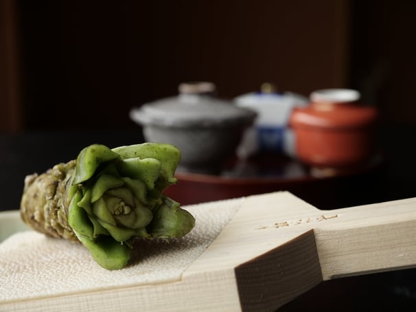 Japanese food wasabi and traditional bowls
